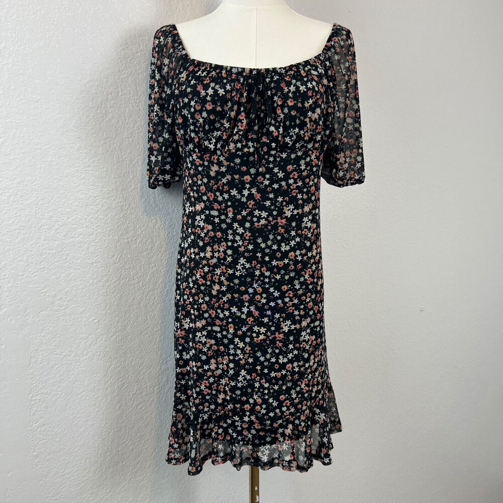 Y2K Milkmaid Dress Womens Large Black Floral Square‎ Neck Coquette Romantic